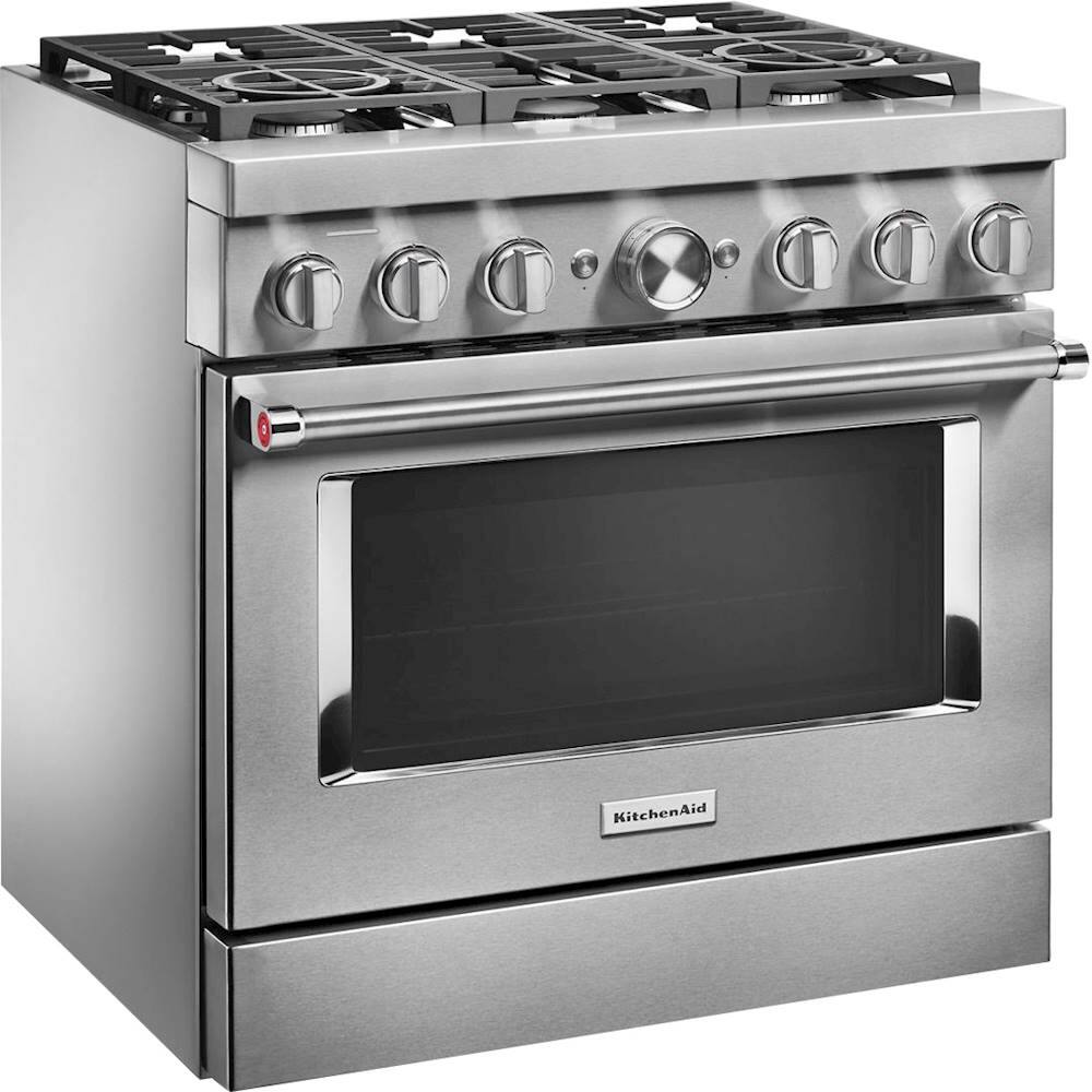 Angle. KitchenAid - 5.1 Cu. Ft. Freestanding Dual Fuel True Convection Range with Self-Cleaning - Stainless steel.