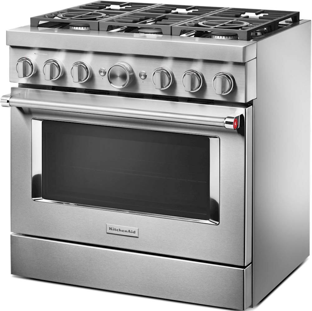 Left. KitchenAid - 5.1 Cu. Ft. Freestanding Dual Fuel True Convection Range with Self-Cleaning - Stainless steel.