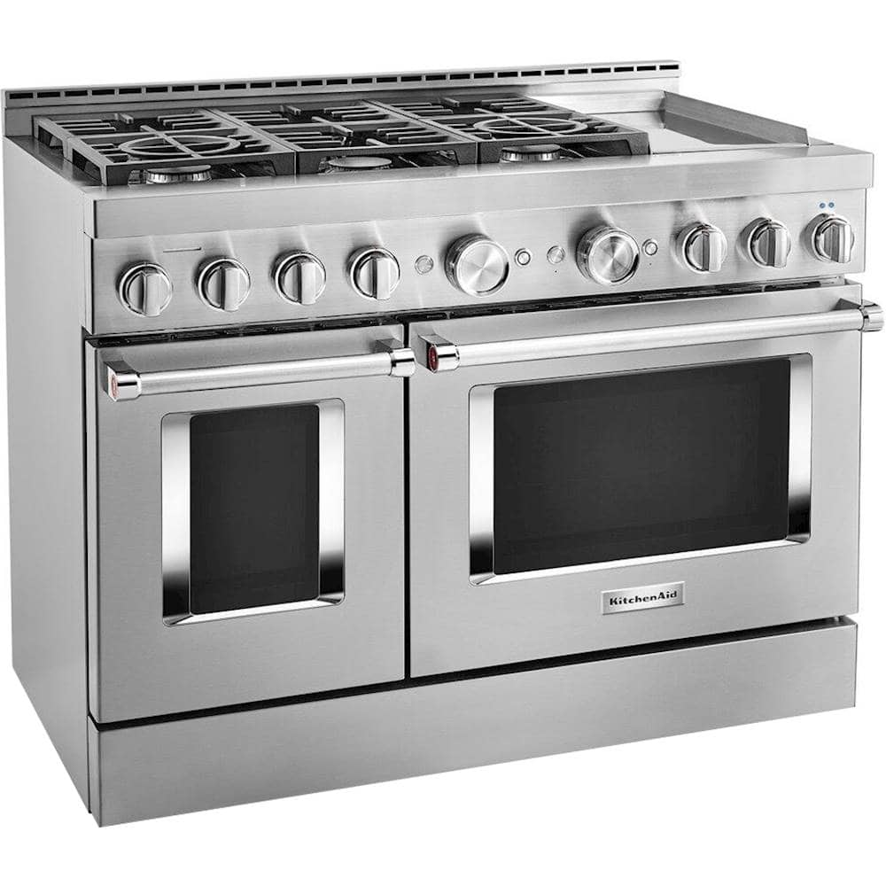 Angle View: KitchenAid - 6.3 Cu. Ft. Freestanding Double-Oven Gas True Convection Range with Self-Cleaning - Stainless steel