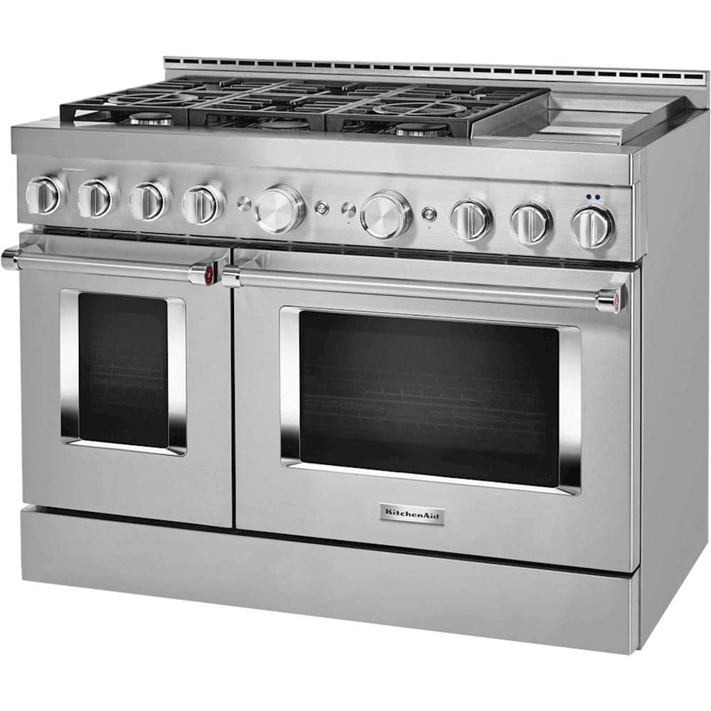 Left. KitchenAid - 6.3 Cu. Ft. Freestanding Double-Oven Gas True Convection Range with Self-Cleaning - Stainless steel.