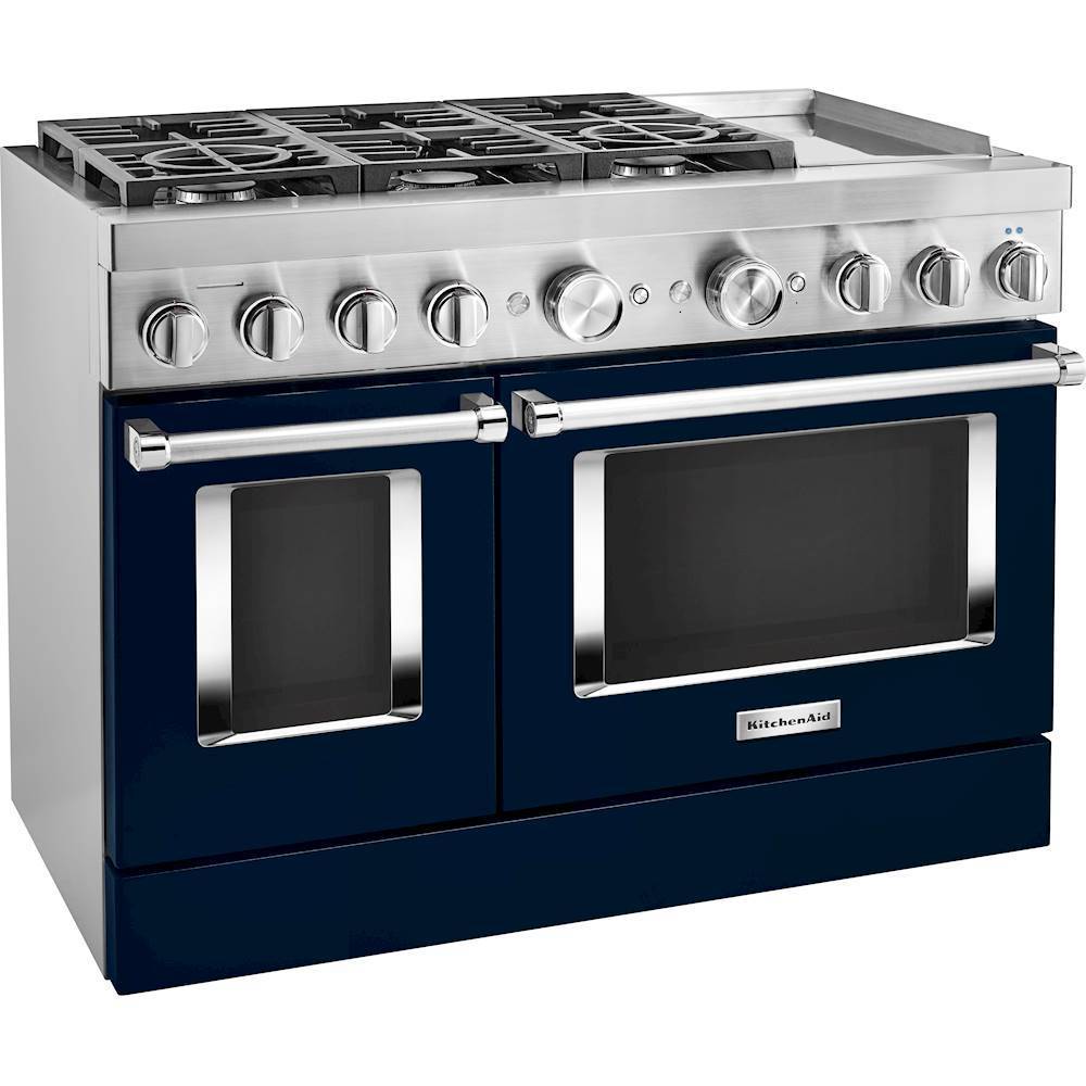 Angle View: KitchenAid - Commercial-Style 6.3 Cu. Ft. Freestanding Double Oven Dual-Fuel True Convection Range with Self-Cleaning - Ink blue
