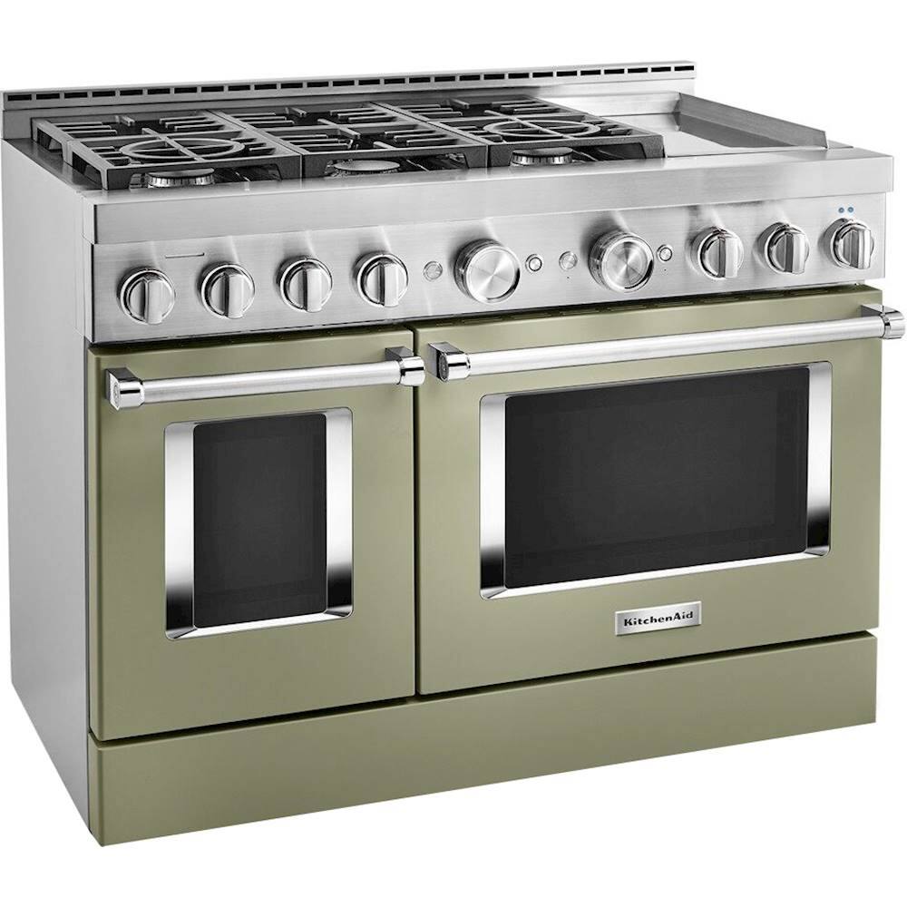 Angle. KitchenAid - 6.3 Cu. Ft. Freestanding Double Oven Gas True Convection Range with Self-Cleaning - Avocado Cream.