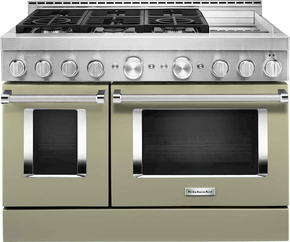 Front. KitchenAid - 6.3 Cu. Ft. Freestanding Double Oven Gas True Convection Range with Self-Cleaning - Avocado Cream.