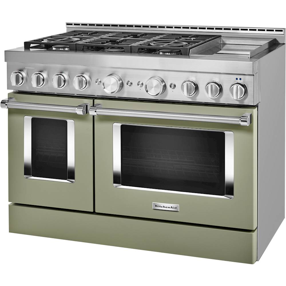 Left View: KitchenAid - 6.3 Cu. Ft. Slide-In Double Oven Gas True Convection Range with Self-Cleaning - Avocado cream