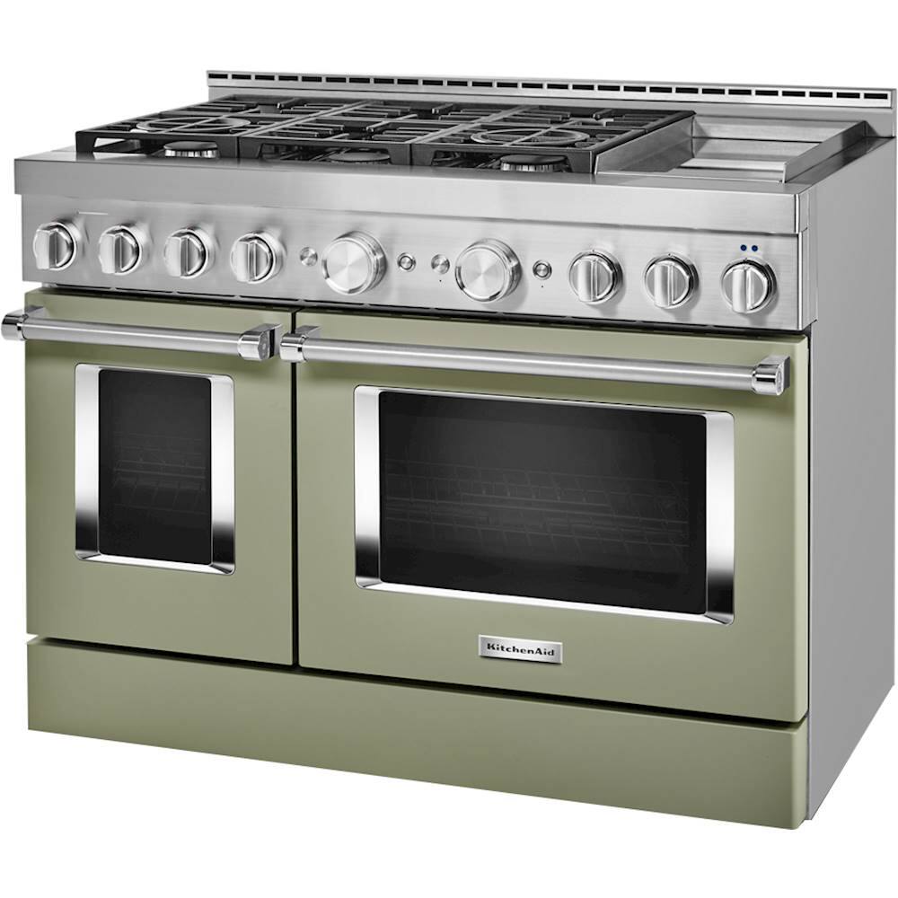 Left. KitchenAid - 6.3 Cu. Ft. Freestanding Double Oven Gas True Convection Range with Self-Cleaning - Avocado Cream.