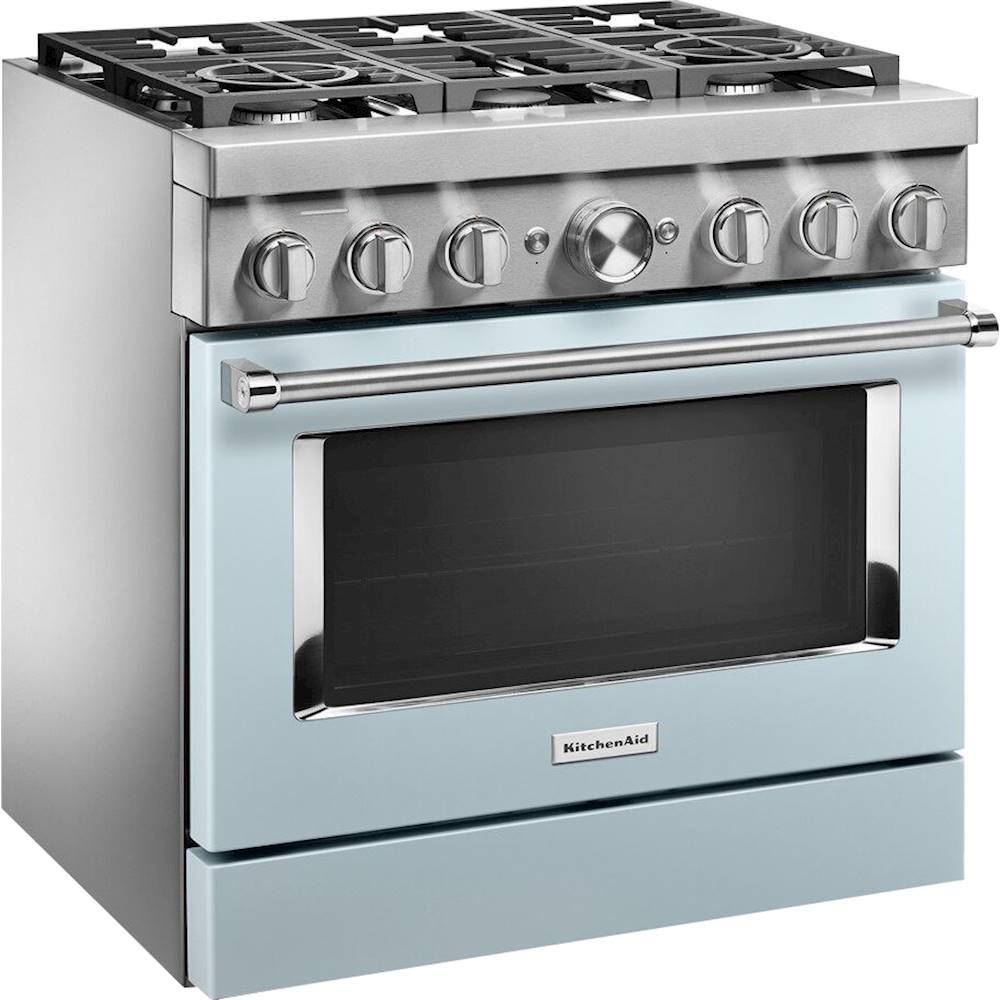 Angle. KitchenAid - 5.1 Cu. Ft. Freestanding Dual Fuel True Convection Range with Self-Cleaning - Misty Blue.