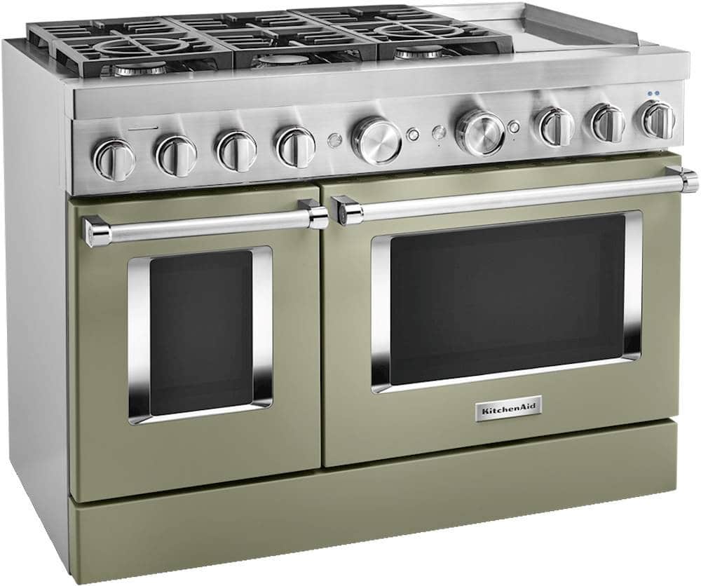Angle. KitchenAid - Commercial-Style 6.3 Cu. Ft. Freestanding Double Oven Dual-Fuel True Convection Range with Self-Cleaning - Avocado Cream.