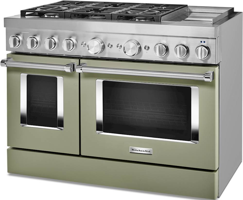 Left View: KitchenAid - Commercial-Style 6.3 Cu. Ft. Freestanding Double Oven Dual-Fuel True Convection Range with Self-Cleaning - Avocado cream