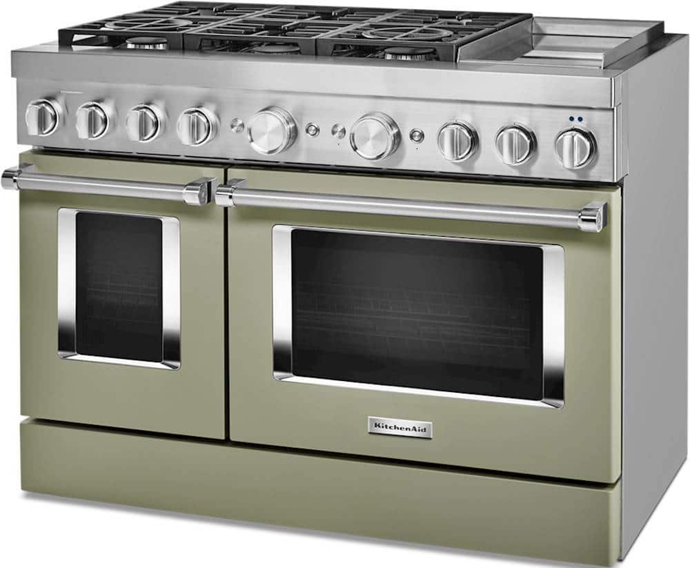 Left. KitchenAid - Commercial-Style 6.3 Cu. Ft. Freestanding Double Oven Dual-Fuel True Convection Range with Self-Cleaning - Avocado Cream.