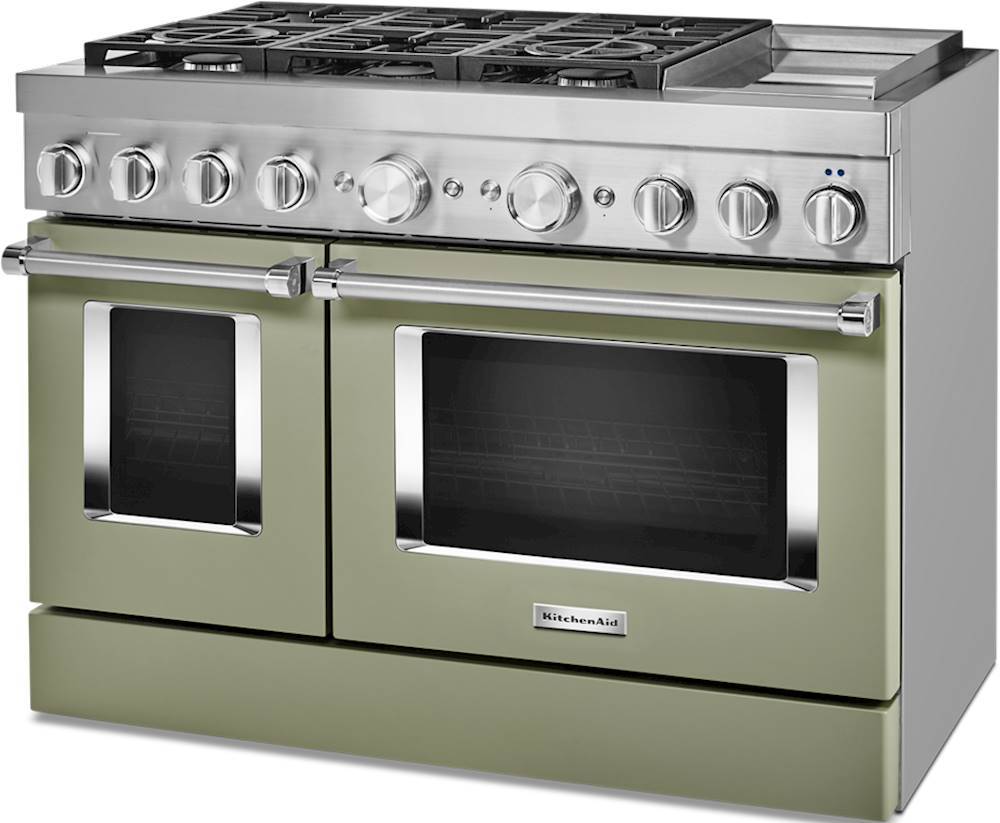 Left. KitchenAid - 6.3 Cu. Ft. Freestanding Double Oven Dual Fuel True Convection Range with Self-Cleaning - Avocado Cream.