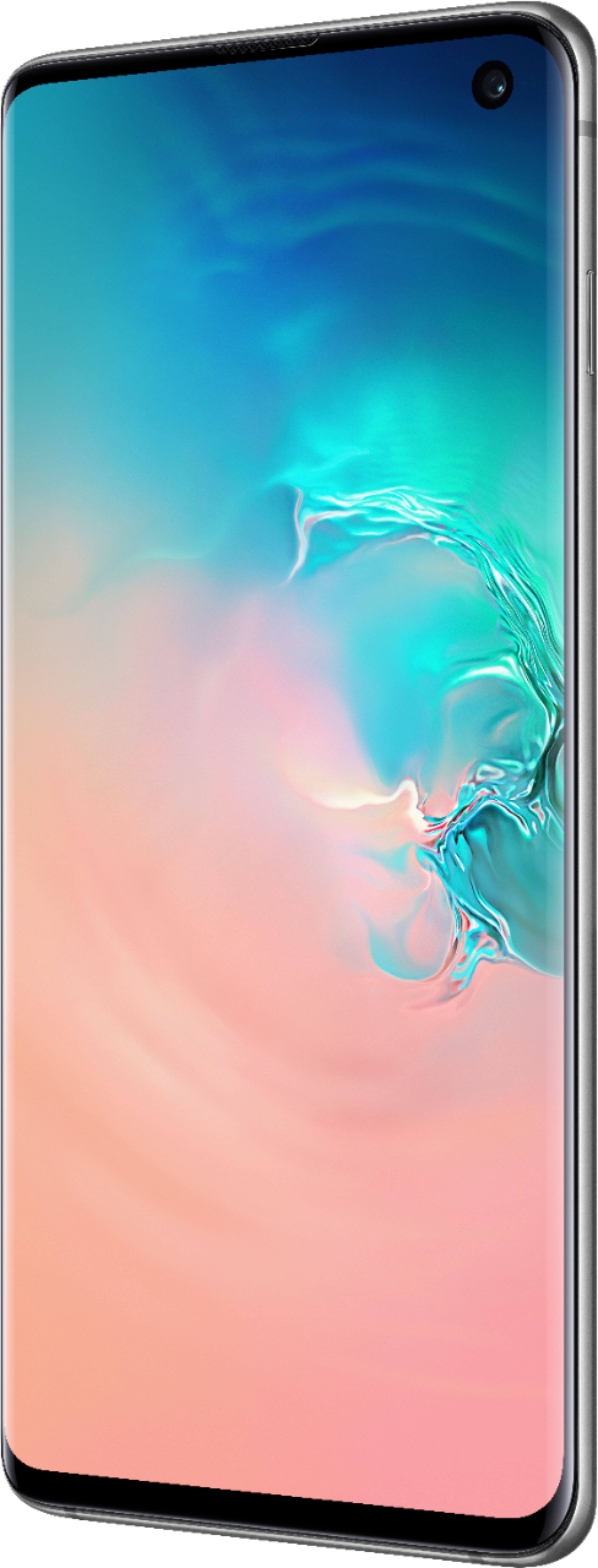 Left. Samsung - Geek Squad Certified Refurbished Galaxy S10 with 512GB Memory Cell Phone (Unlocked) Prism - White.