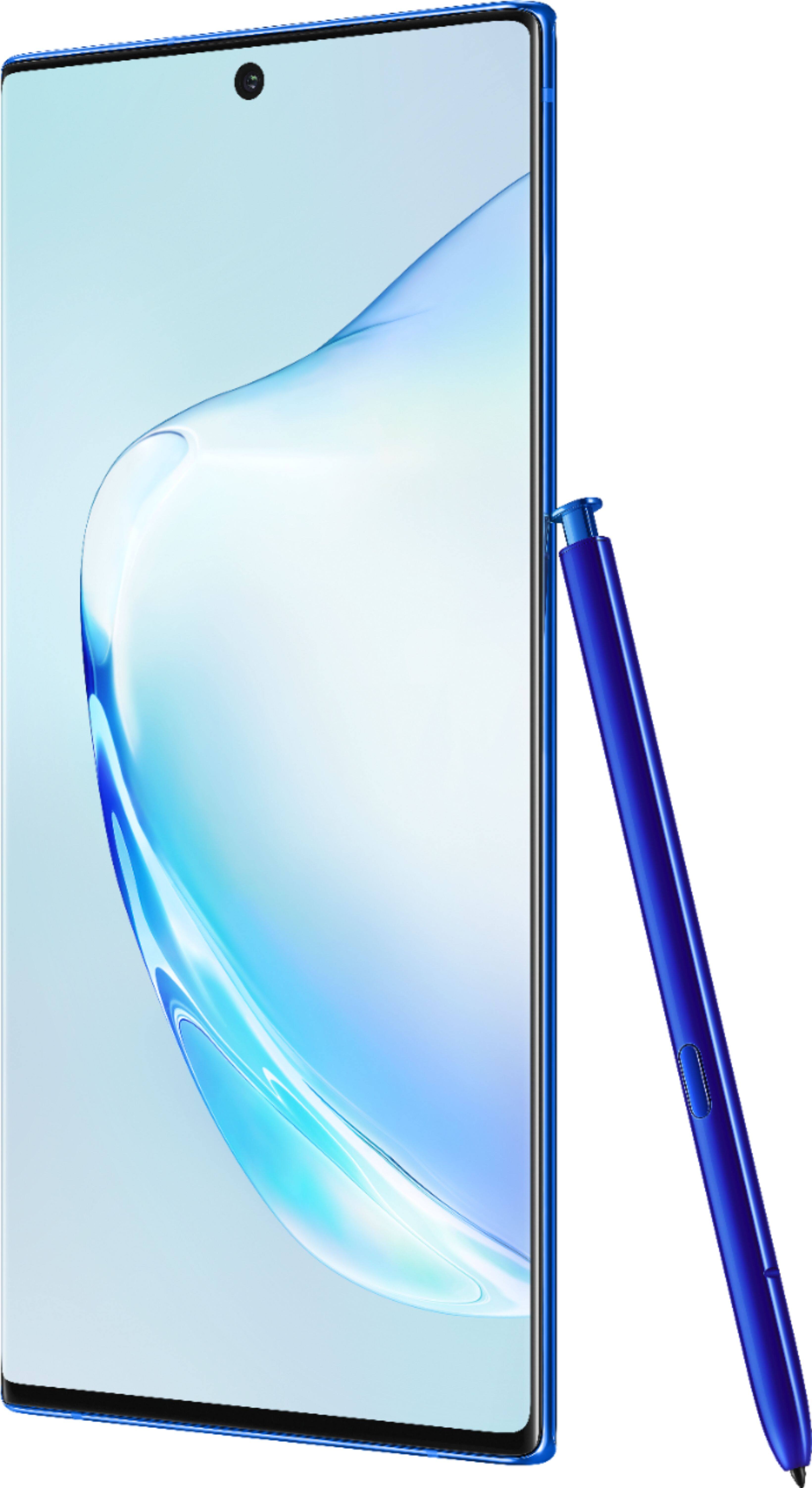 Left. Samsung - Geek Squad Certified Refurbished Galaxy Note10+ with 256GB Memory Cell Phone (Unlocked) - Aura Blue.
