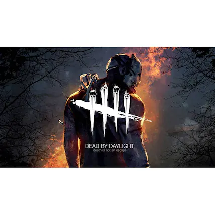 The image features a character from the video game "Dead by Daylight" with a knife in his hand, standing in front of a fire. The text "Dead by Daylight" is prominently displayed in the foreground, with the character's name "The Nurse" written below it. The image also includes the phrase "death is not an escape," which is a tagline for the game. - M (Mature 17+)