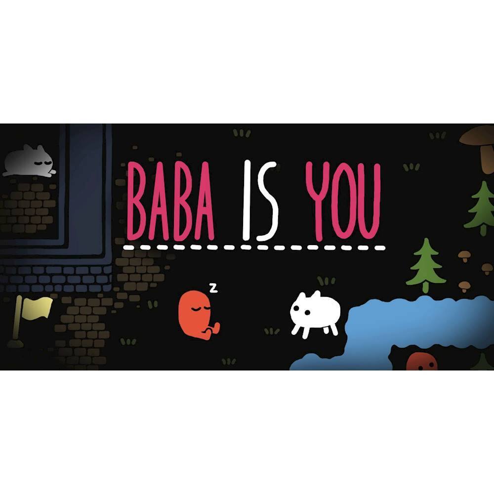 The largest text in the image reads "BABA IS YOU." The image also features a cat, a dog, and a tree. - E (Everyone)