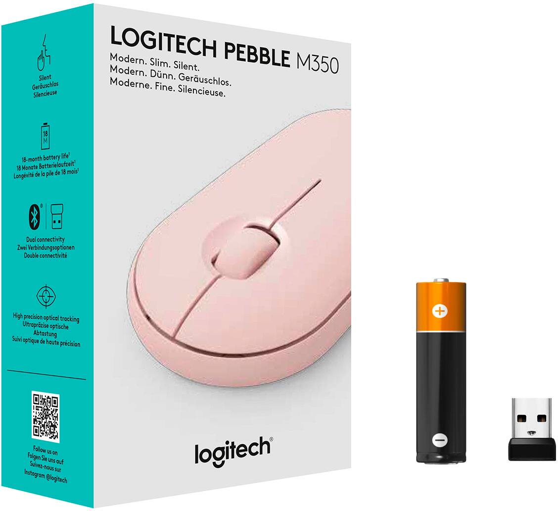 The text on the image is in German, so I'll provide the corrected text in English. The text should be grouped as follows:
1. Silent: The mouse is silent, which means it doesn't make any noise when in use.
2. Geruschlos: This word means "silent" in German.
3. Silencieuse: This word means "silent" in French.
4. Modern: The mouse is modern, which likely means it has a sleek and contemporary design.
5. PEBBLE: The mouse is a Logitech PEBBLE M350, which is a wireless mouse.
6. Slim: The mouse is slim, which means it has a thin and sleek profile.
7. Silent: The mouse is silent, which means it doesn't make any noise when in use.
8. Geruschlos: This word means "silent" in German.
9. Silencieuse: This word means "silent" in French.
10. 18-month battery life: The mouse has a long battery life of 18 months.
11. Irfe' 18 Monate: This translates to "18 months" in German.
12. Dual connectivity: The mouse has two connectivity options, which likely include Bluetooth and USB.
13. Zwei Verbindungsoptionen: This translates to "two connection options" in German.
14. Double connectivit: This translates to "double connectivity" in French.
15. High precision optical tracking: The mouse has high-precision optical tracking, which means it can accurately detect movements on the surface it's placed on.
16. Ultroprzise optische Sui Abtestung: This translates to "ultra-precise optical tracking" in French.
17. Follow us on Instagram: The image suggests that you can follow Logitech on Instagram for more information.
18. @logitech: This is the Instagram handle for Logitech.
19. logitech: This is the brand name of the company that manufactures the mouse.