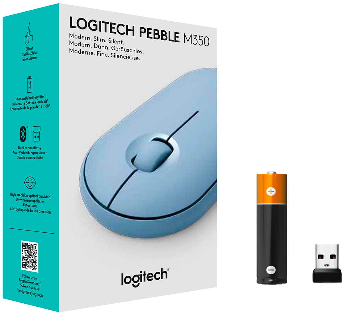 Silent Gerduschlos Silencieuse LOGITECH Modern. PEBBLE Slim. Silent. M350 Modern. Dnn. Moderne. Fine. Geruschlos. Silencieuse. 18-month battery life 18 Monate Batterielaufzeit! Longvit Dual connectivity Zwei Verbindungsoptionen Double connectivity High precision optical tracking Ultraprzise optische Suivi Abtastung optique de haute précision + Follow us on Instagram @logitech logitech