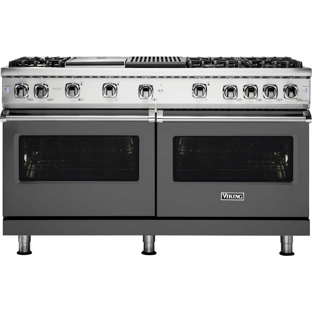Front. Viking - Professional 5 Series 8 Cu. Ft.  Freestanding Double Oven LP Gas Convection Range - Damascus Gray.