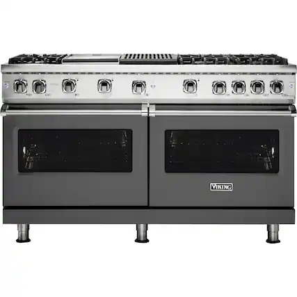 Front. Viking - Professional 5 Series Freestanding Double Oven Gas Convection Range - Damascus Gray.