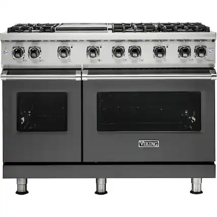 Front. Viking - Professional 5 Series Freestanding Double Oven Gas Convection Range - Damascus Gray.