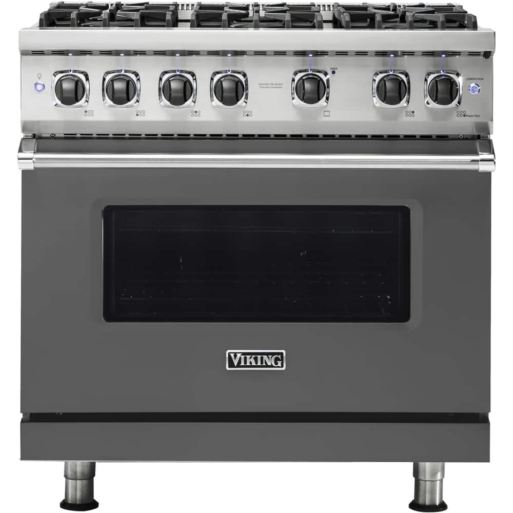 Front. Viking - Professional 5 Series 5.1 Cu. Ft. Freestanding LP Gas Convection Range - Damascus Gray.