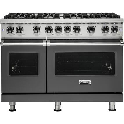 Front. Viking - Professional 5 Series Freestanding Double Oven Gas Convection Range - Damascus Gray.