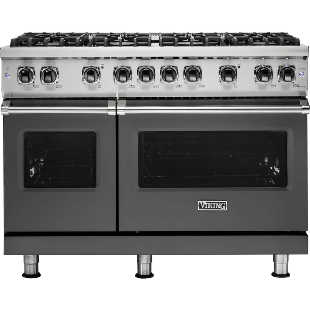 Front. Viking - Professional 5 Series 6.1 Cu. Ft. Freestanding Double Oven LP Gas Convection Range - Damascus Gray.