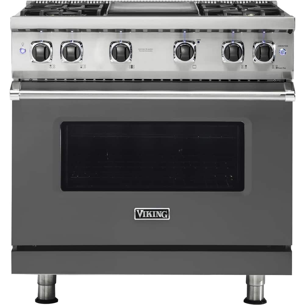 Front. Viking - Professional 5 Series 5.1 Cu. Ft. Freestanding LP Gas Convection Range - Damascus Gray.