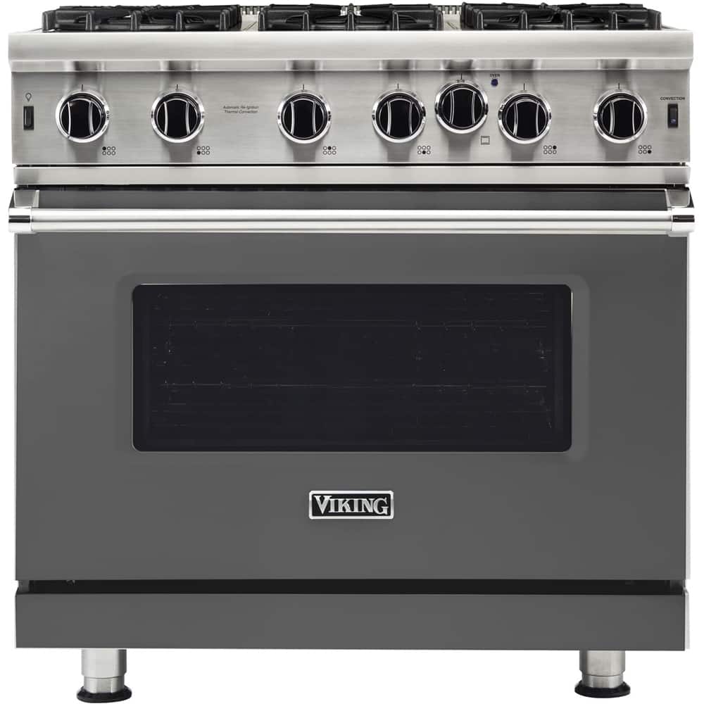 Front. Viking - Professional 5 Series 5.1 Cu. Ft. Freestanding LP Gas Convection Range - Damascus Gray.