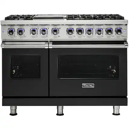 Front. Viking - 48"W 7-Series Dual Fuel Self-Clean Range-6 Burners + Griddle - Cast Black.