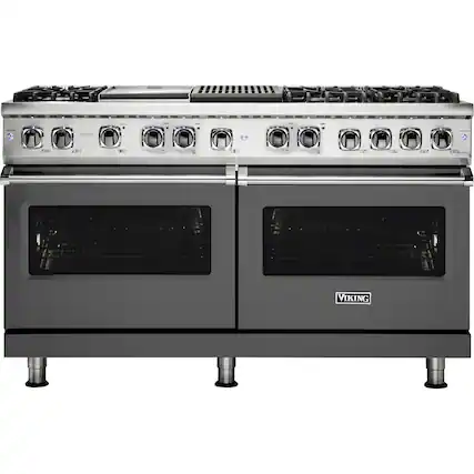Front. Viking - 5-Series Dual Fuel Self-Clean 60"W Sealed Burner Range - Damascus Gray.