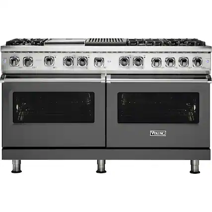Front. Viking - 5-Series Dual Fuel Self-Clean 60"W Sealed Burner Range - Damascus Gray.