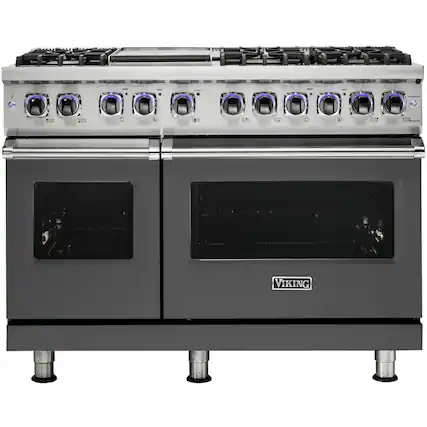 Front. Viking - 48"W 7-Series Dual Fuel Self-Clean Range-6 Burners + Griddle - Damascus Gray.