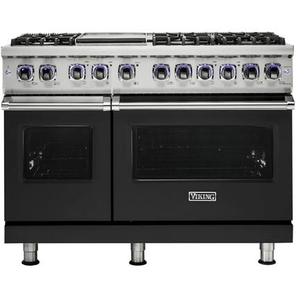 Front. Viking - 48"W 7-Series Dual Fuel Self-Clean Range-6 Burners + Griddle - LP - Cast Black.