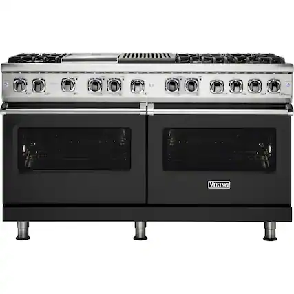Front. Viking - 5-Series Dual Fuel Self-Clean 60"W Sealed Burner Range - Cast Black.