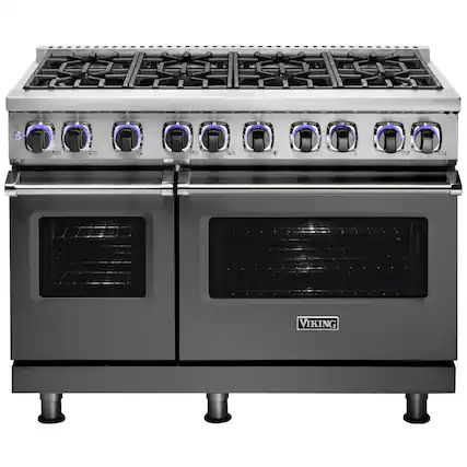 Front. Viking - 48"W 7-Series Dual Fuel Self-Clean Range-8 Burners - Cast Black.