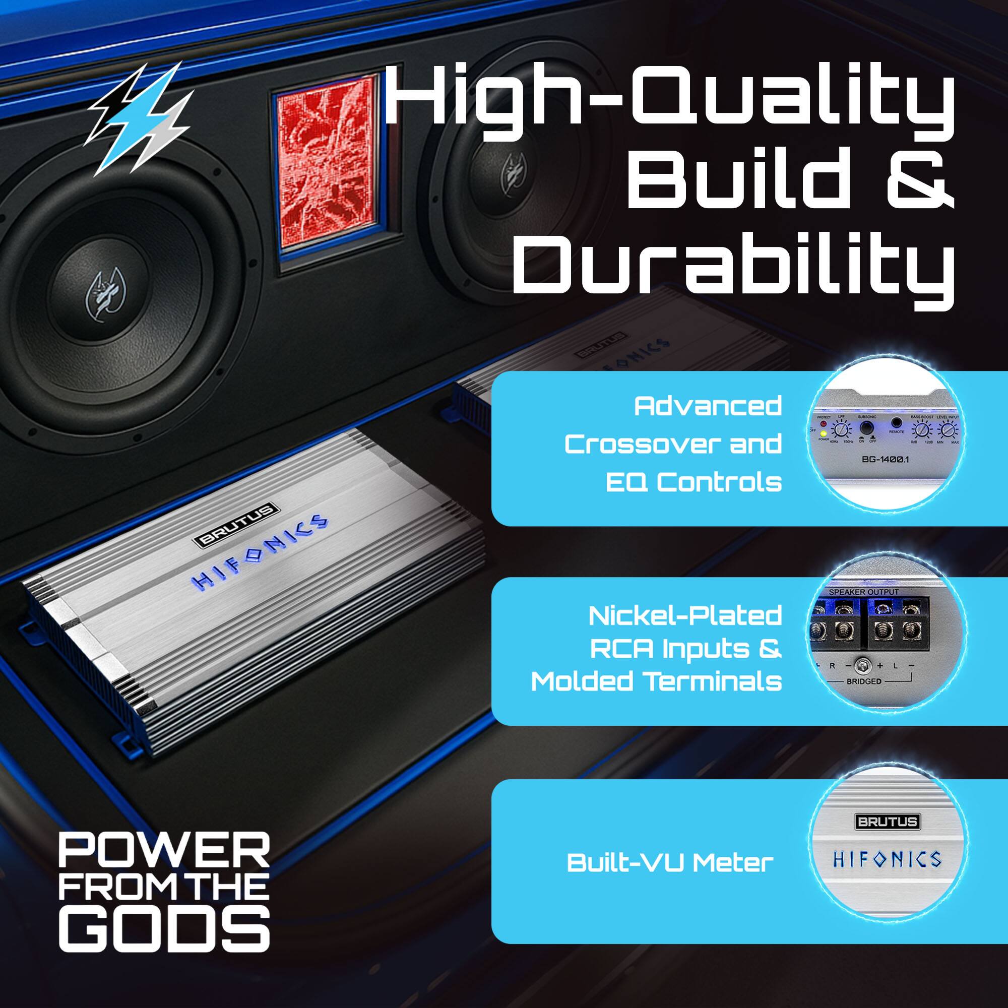 High-Quality Build & Durability

Advanced Crossover and EQ Controls

Nickel-Plated RCA Inputs & Molded Terminals

Built-VU Meter

POWER FROM THE GODS