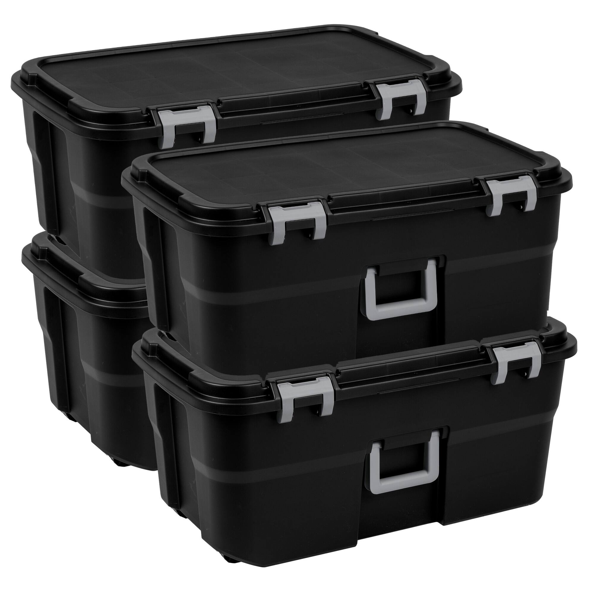 Front. Sterilite - Sterilite Wheeled Footlocker, 22 Gal Storage Container with Lid, Black, 4 Pack.