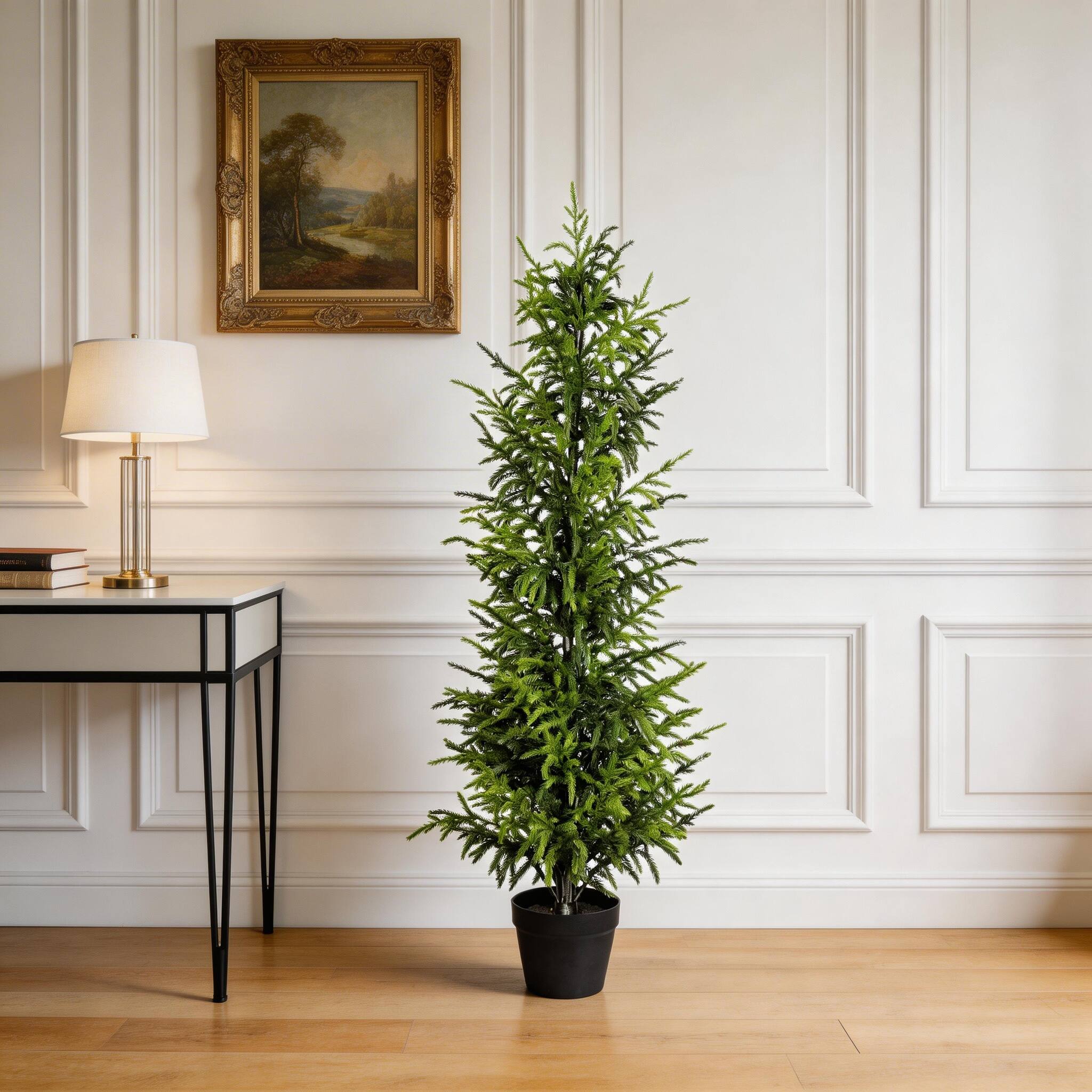 Angle. Jandcase - 4FT Artificial Real Touch Norfolk Pine Tree 1pc/set, Potted Plants for Christmas, Easy Fluff & Store, Indoor Outdoor - Green Leaves.