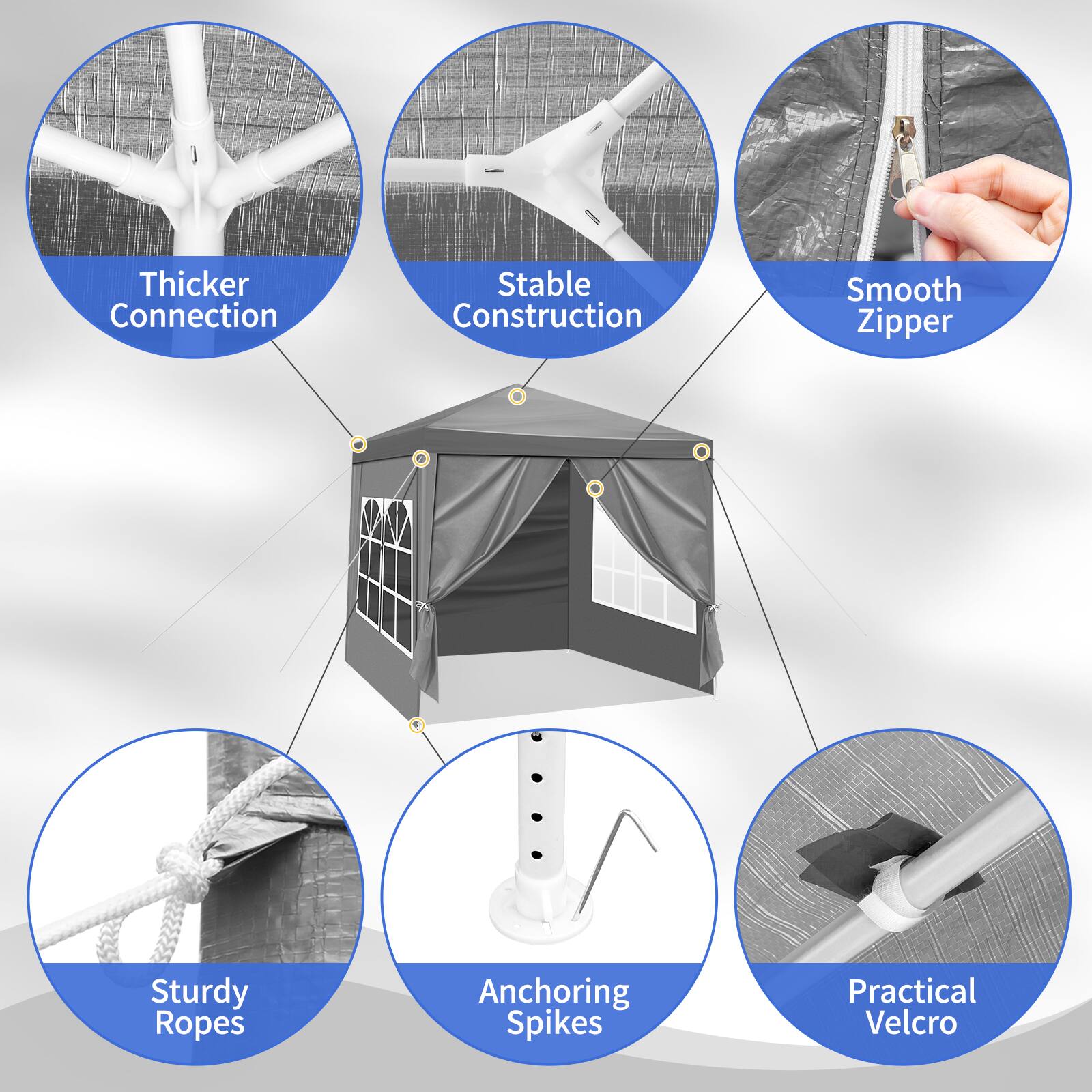 Thicker Connection  
Stable Construction  
Smooth Zipper  
Sturdy Ropes  
Anchoring Spikes  
Practical Velcro