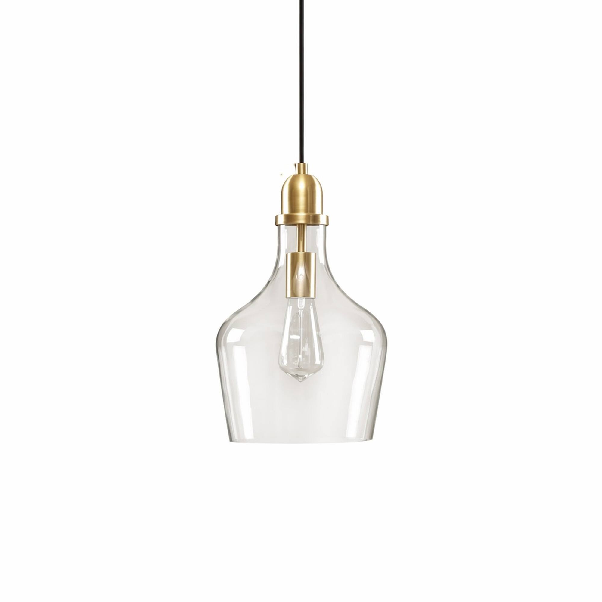 Front. RYHNUYNE - Industrial Bottle-Shaped Clear Glass Pendant Light, Gold Hanging Ceiling Light for Kitchen Island Dining Room Entryway - Gold.
