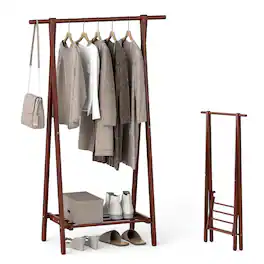 Costway - Folding Rubber Wood Clothes Hanging Rack with Bottom Storage Shelf for Bedroom - Walnut