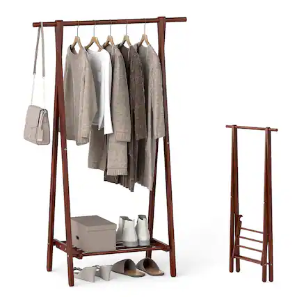 Front. Costway - Costway Folding Rubber Wood Clothes Hanging Rack with Bottom Storage Shelf for Bedroom - Walnut.
