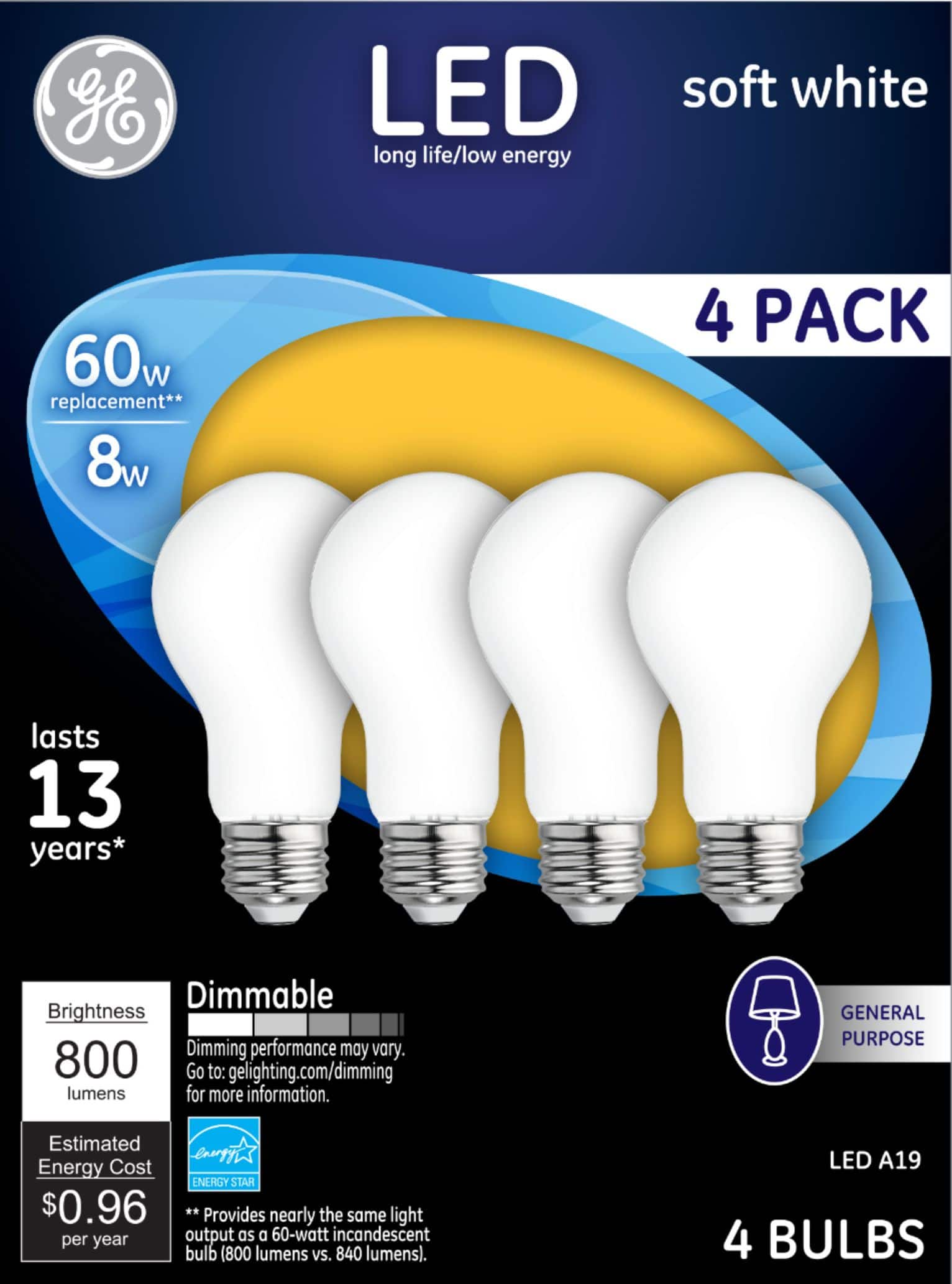 General Electric - 800-Lumen, 8W Dimmable A19 LED Light Bulb, 60W Equivalent (4-Pack) - Soft White - Front_Zoom
