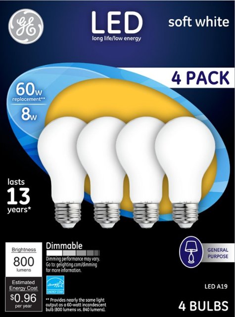 eetbaar Afkorten hout GE 800-Lumen, 8W Dimmable A19 LED Light Bulb, 60W Equivalent (4-pack) Soft  White 93098313 - Best Buy