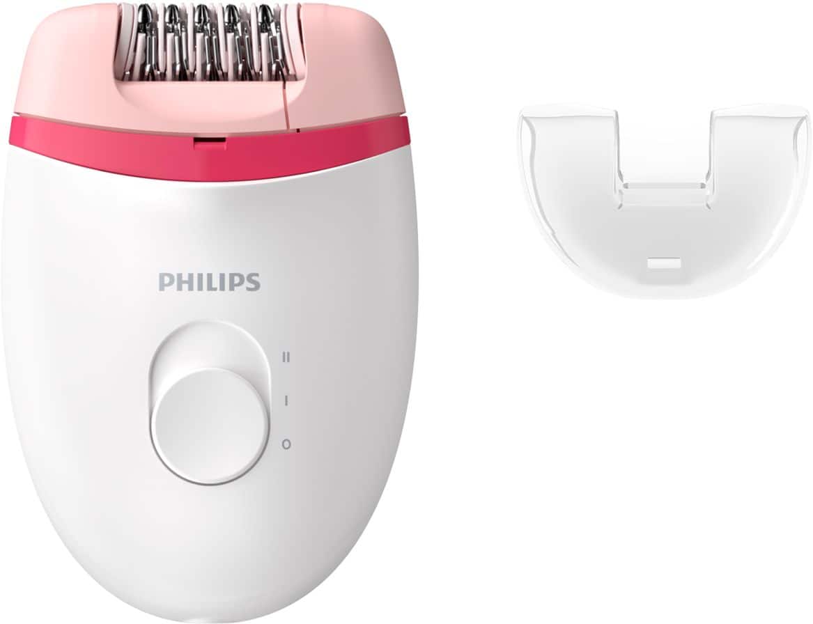 Angle. Philips - Philips Satinelle Essential Compact Hair Removal Epilator for Women, BRE235/04 - White And Pink.