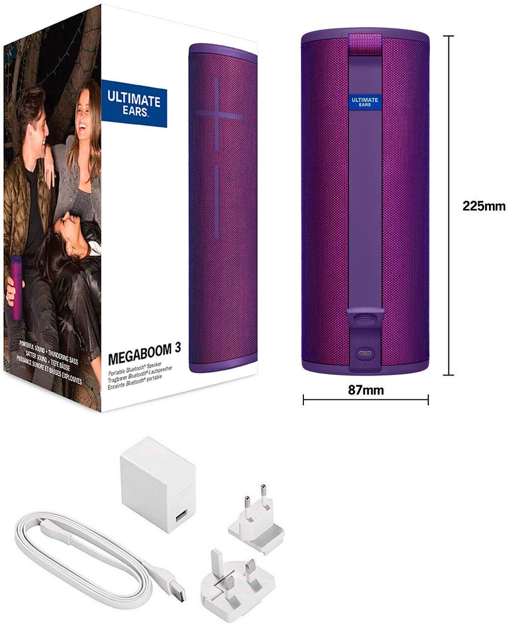 Ultimate Ears Megaboom 3 Portable Bluetooth Speaker with 360° Sound, 87mm, Purple, 225mm.