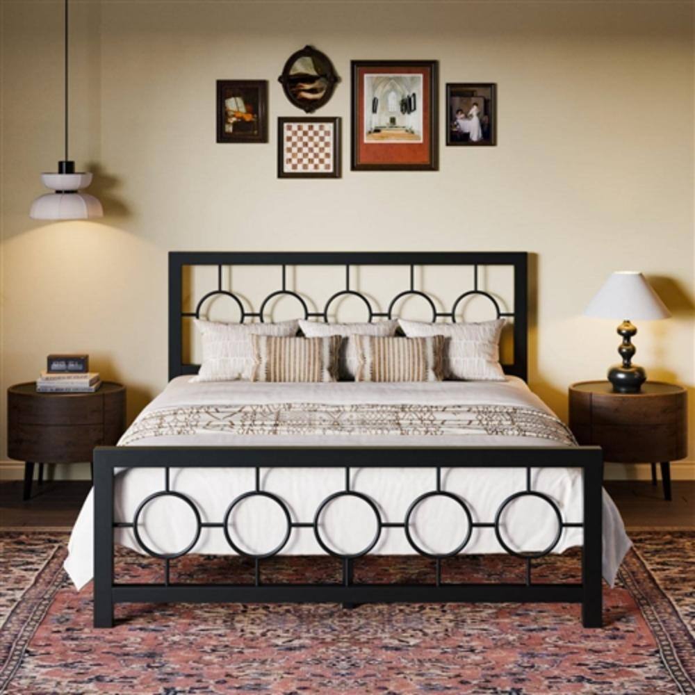 Angle. Hivvago - Queen Black Metal Platform Bed Frame with Circle Medallion Headboard Footboard - Black.