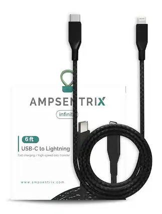X AMPSENTRIX infinit 6 ft USB-C to Lightning Fast charging / high-speed data transfer www.ampsenrix.com