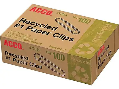 ACCO
#72365
Recycled #1 Paper Clips
Qty: 100
Product contains:
100% recycled material
50% post-consumer material
Made in USA
Recycle