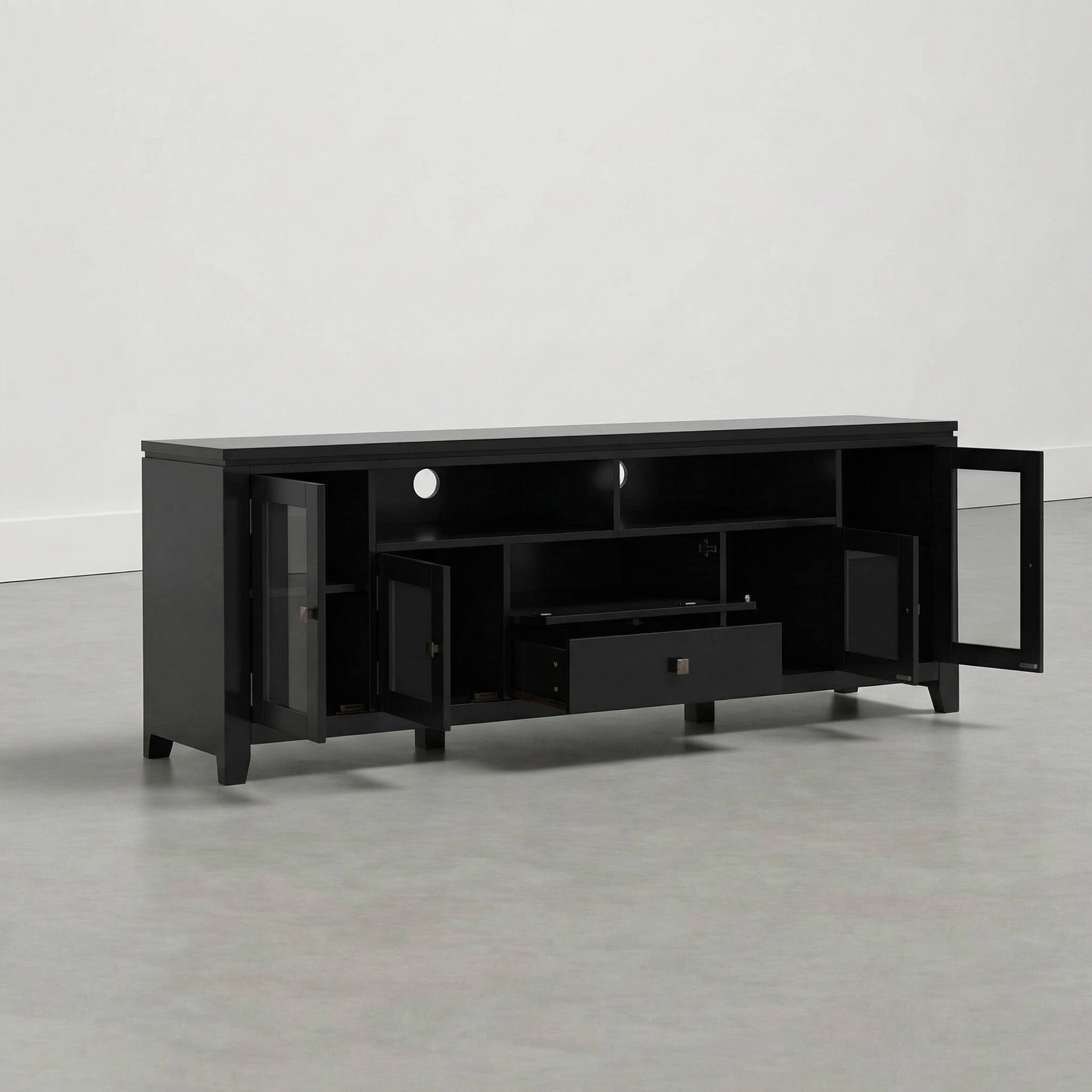 Alt View 1. Simpli Home - Cosmopolitan 72 inch Wide Solid Wood TV Stand, Deep Black - Deep Black.